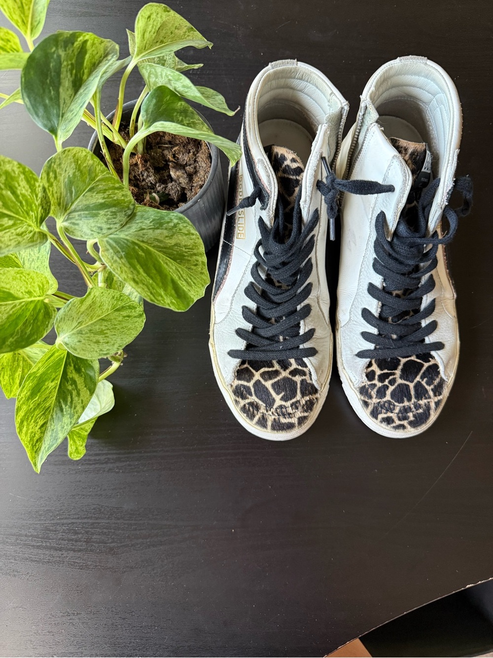 Golden Goose White High-Top Sneakers with Black Laces and Leopard Toe